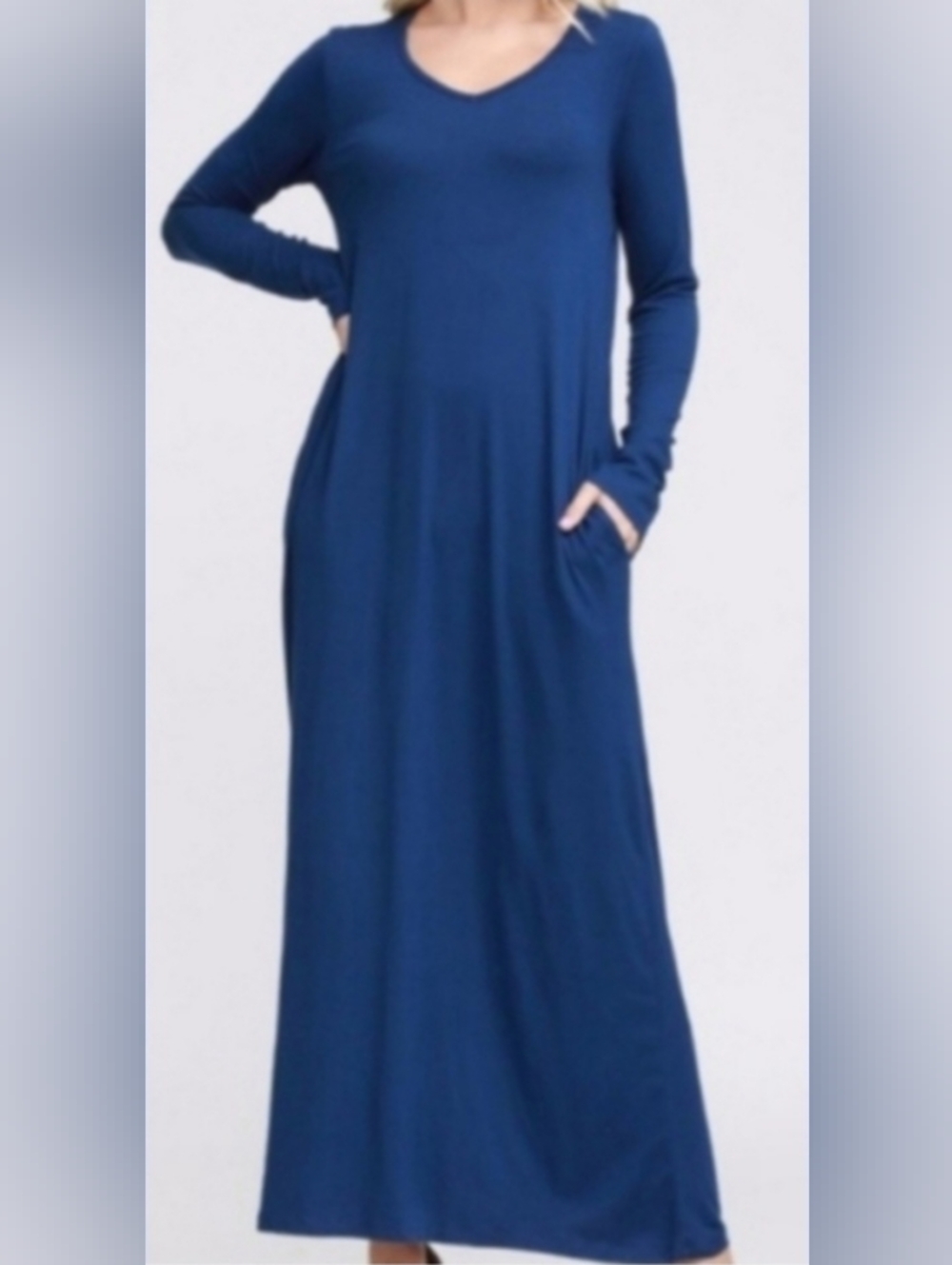 Doublju Long Sleeve V-neck Casual Modest Maxi Dress with Pockets